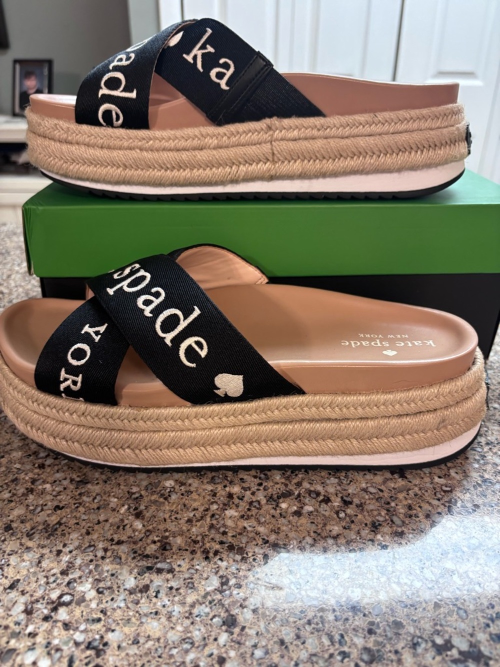 kate spade Blush Pink Platform Slide Sandals with Black Logo Cross Straps - Picture 2 of 6